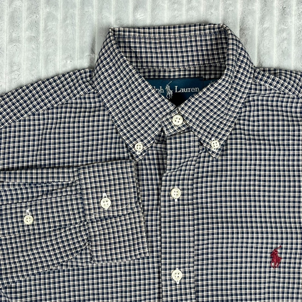 Ralph Lauren Classic Fit Button Down Shirt Men's S Plaid Navy Maroon Career Prep